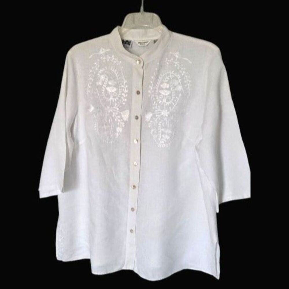 Richard Malcolm Woman 100% Irish Linen Blouse Top 2X White Embroidered Tunic